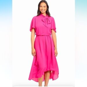 NWT London Times Women's Flutter Sleeve Tie Neck Blouson High Low Midi Dress